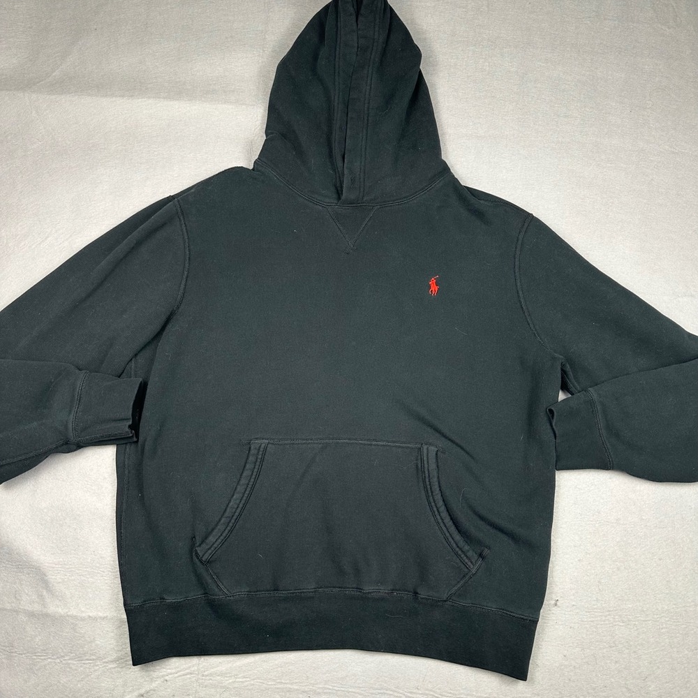 Polo Ralph Lauren Mens RL Fleece Hoodie Black Red Pony Logo Large